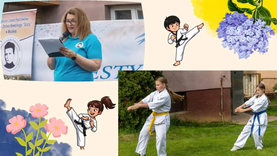 Pani Dyrektor przemawia; uczennice prezentują karate podczas festynu